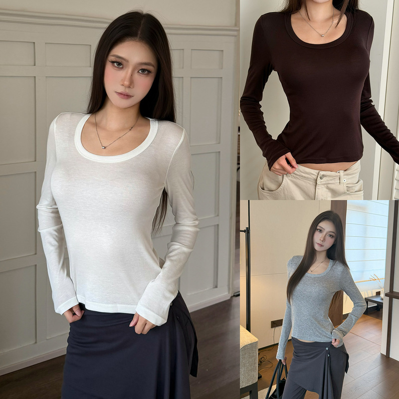 Merino Wool Tencel U-Neck Slim Fit Long Sleeve Base Shirt T-Shirt for Women, Slimming Top for Autumn and Winter Merino Wool Tencel U-Neck Slim Fit Long Sleeve Base Shirt T-Shirt for Women, Slimming Top for Autumn and Winter
