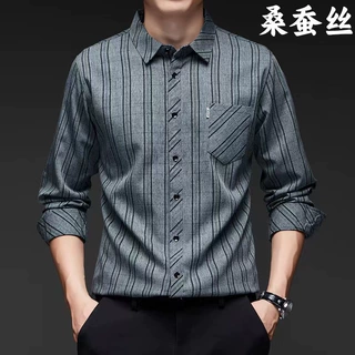 跨境男士长袖衬衫春秋季新款翻领中年爸爸装含桑蚕丝亚麻休闲衬衣