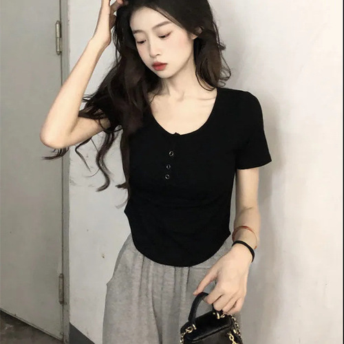 Cross-border sweet and spicy button-down short-sleeve t-shirt for women, summer new style slimming women's U-neck short top, dropshipping one piece