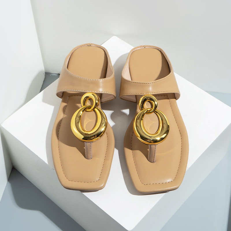 Cross Border New Fashion fibbia rotonda infradito sandali piatti da donna sandali da ragazza pantofole con tacco a una linea_voghion.com