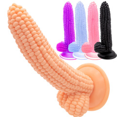 Corn-shaped, transparent, colorful suction-cup dildo—fruit and vegetable-inspired faux penis with anal plug—adult toy for intimate play