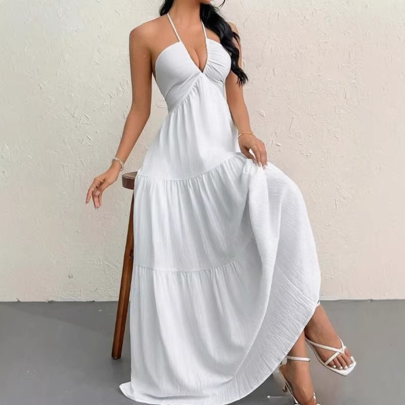 European and American Summer New Style Solid Color Strapless Sexy Backless Halter Dress with Straps for Beach Vacation and Casual Wear European and American Summer New Style Solid Color Strapless Sexy Backless Halter Dress with Straps for Beach Vacation and Casual Wear