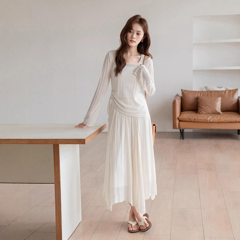 Korean Style Beautiful and Chic Drawstring Waist Pleated Design Breathable Sun Protection Blouse Long-Sleeved Women's T-Shirt Elegant Top