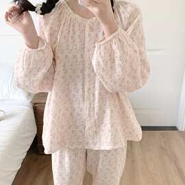 浅粉碎花纯棉双纱翻领系带长袖睡衣套装女春秋居家睡眠家居服批发