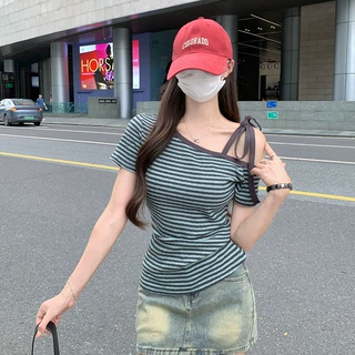 实拍#斜肩紫色条纹短袖T恤女夏2025新款高级感修身显瘦绝美