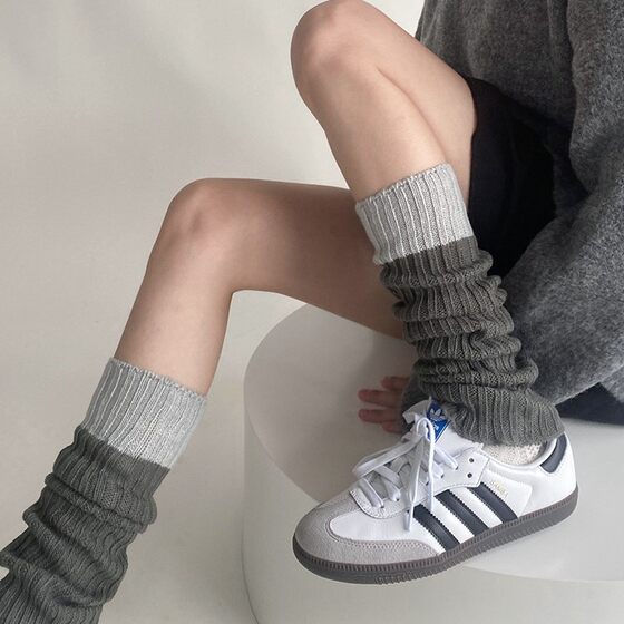 Dark Grey Socks Knitted Colorblock Leg Cover Fall/Winter Snow Boots Socks Piled Socks 40cm Push and Push Socks Women's Socks