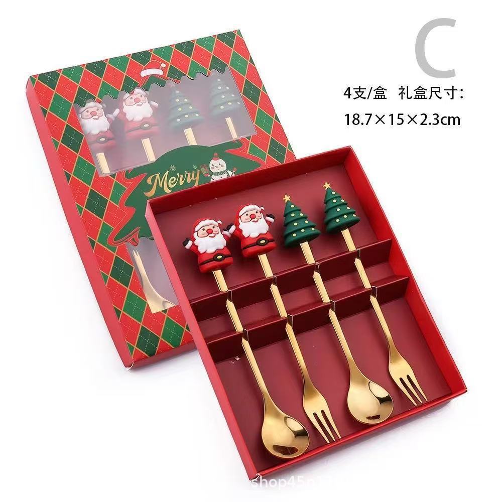 Cuchara de Navidad transfronteriza horquilla cubiertos de acero inoxidable árbol de Santa Claus cuchara de postre dibujos animados creativo conjunto de regalos de Navidad image 13