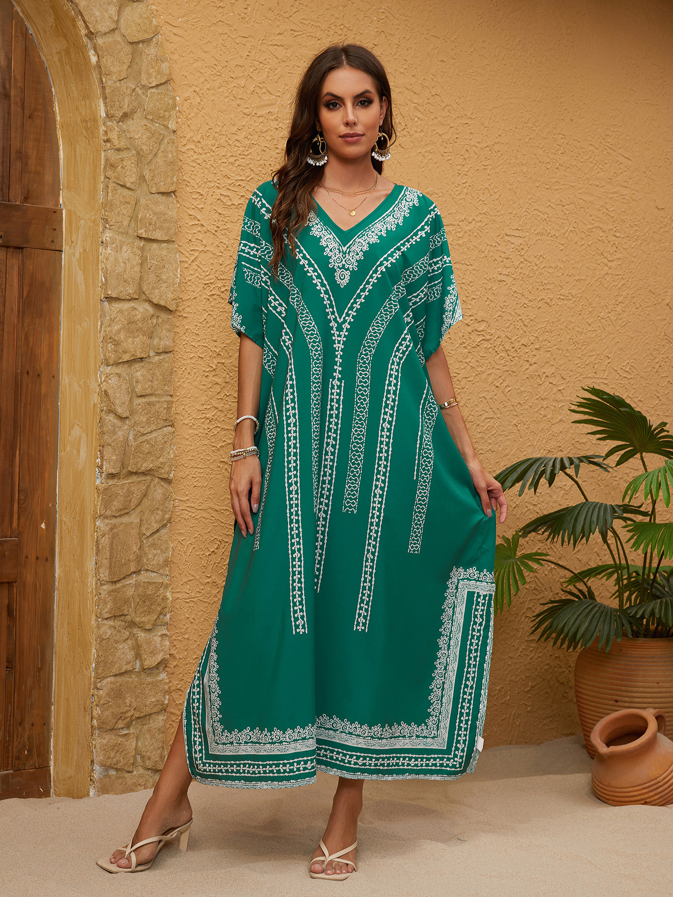 Europa y América de cuatro lados de poliéster elástico impreso traje de vacaciones más tamaño playa protección solar camisa bikini traje de baño blusa 5D67