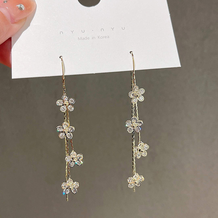 Korean Style Inlaid Zircon Flower Tassel Copper Ear Hook Earrings display picture 4