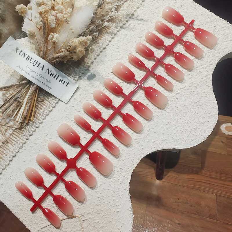 【Fire Red Gradient】New High-End Everyday Oval-Shaped Nail Art with Red Gradient, Skin-Brightening Finished Nail Art, Wholesale Press-On Nails