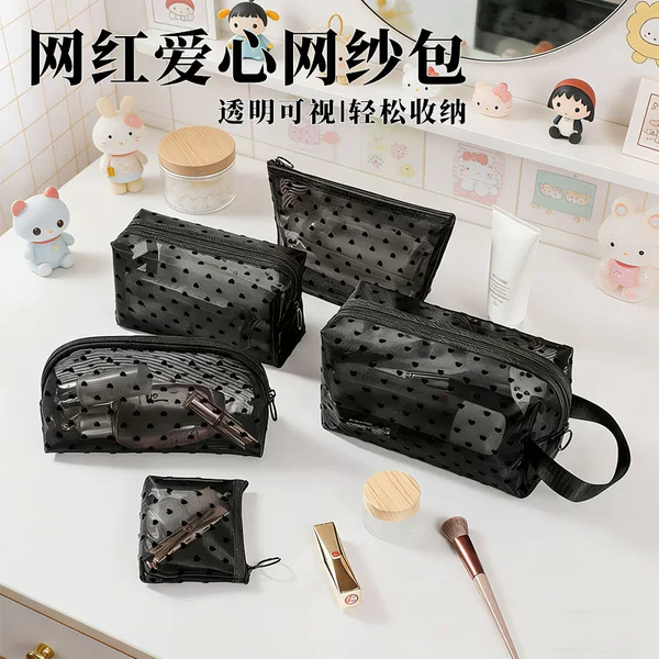 New Style Love Heart Mesh Toiletry Bag, Makeup Bag, Cosmetics Storage Bag, Simple Large-Capacity Skincare Product Makeup Bag for Women