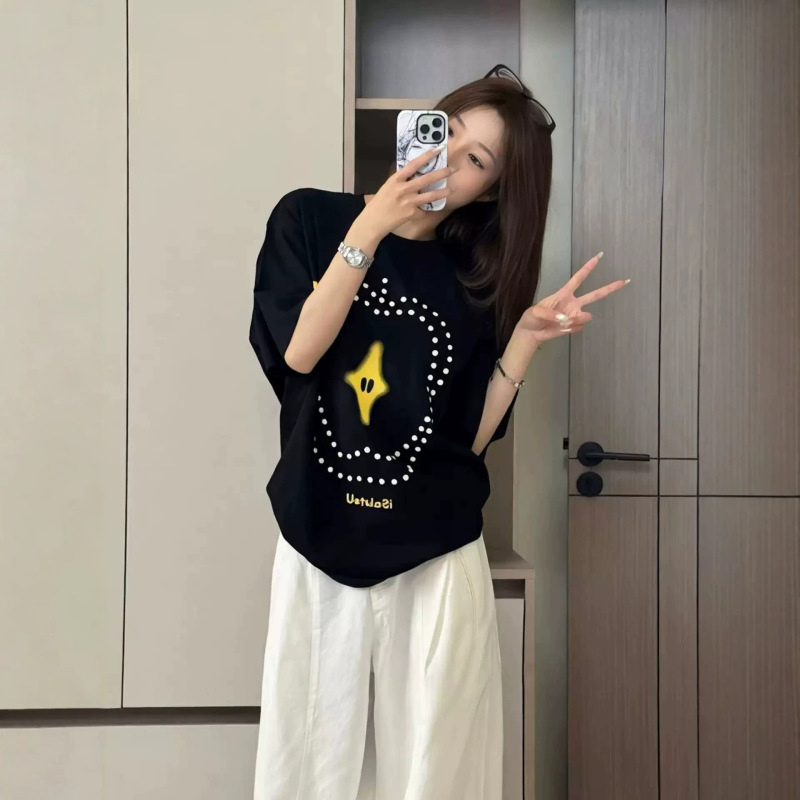 American Retro Black Short-Sleeved Women's Summer Apple Print T-Shirt Loose Couple Heavy Cotton Half-Sleeved Top Tee