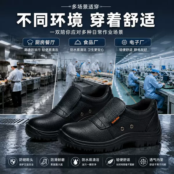 Genuine leather chef shoes, oil-resistant, dirt-resistant, protective work shoes, embossed, non-slip, specifically for kitchen use