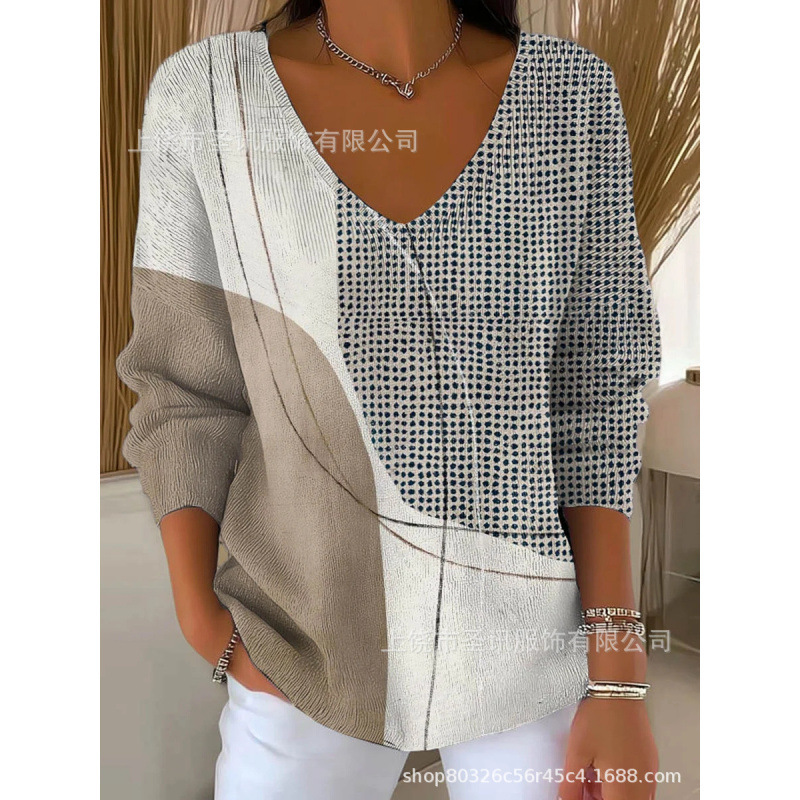 欧美跨境独立站新款3D印花女士时尚渐变色V领长袖T恤上衣|undefined