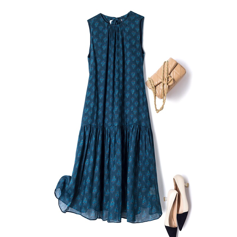 With a cool touch, ethereal blue silhouette, naturally simple ramie floral loose-fitting ruffle hem sleeveless tank dress for women