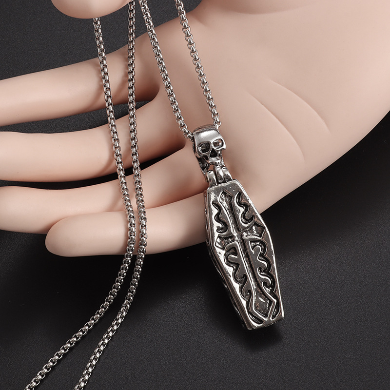 欧美霸气十字架棺材骷髅人吊坠复古泰银男项链吸血鬼饰品批发