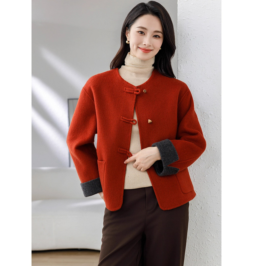 新しい新しい中国風のカラーブロック両面ウールコート女性のトップス秋と冬のウールコートブティック婦人服卸売
