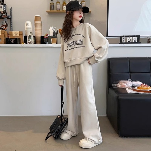Women's Han Style Casual Set, Big Kids Spring and Autumn New Trendy Letter Hoodie and Stylish Straight Leg Pants Two-Piece Set