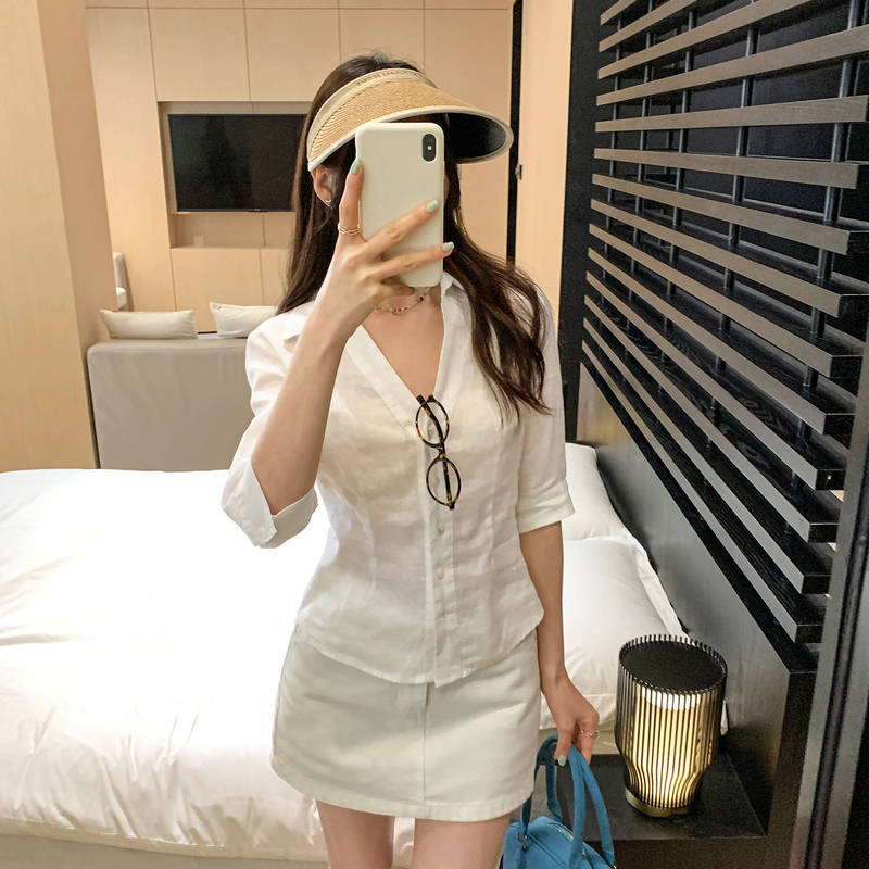 法式小资高级感亚麻中袖翻领衬衫女夏2025新款独特漂亮五分袖上衣|undefined