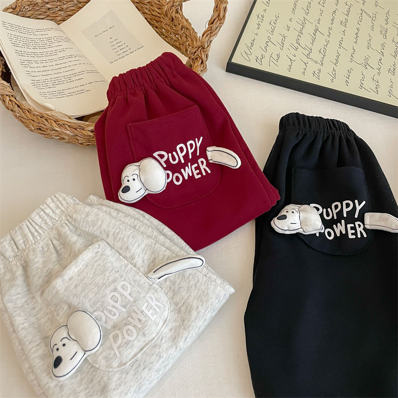 男女子供2025春秋新作可愛いファッション子犬ポケット衛ズボン秋冬スタイル洋気超萌えカジュアルズボン