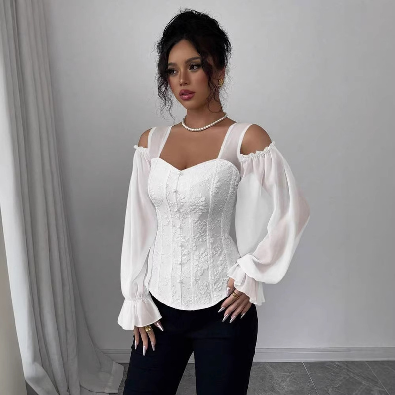 2026 Spring/Summer New Women's Fashion Open-Design Shoulder Strap Floral Jacquard Long Sleeve