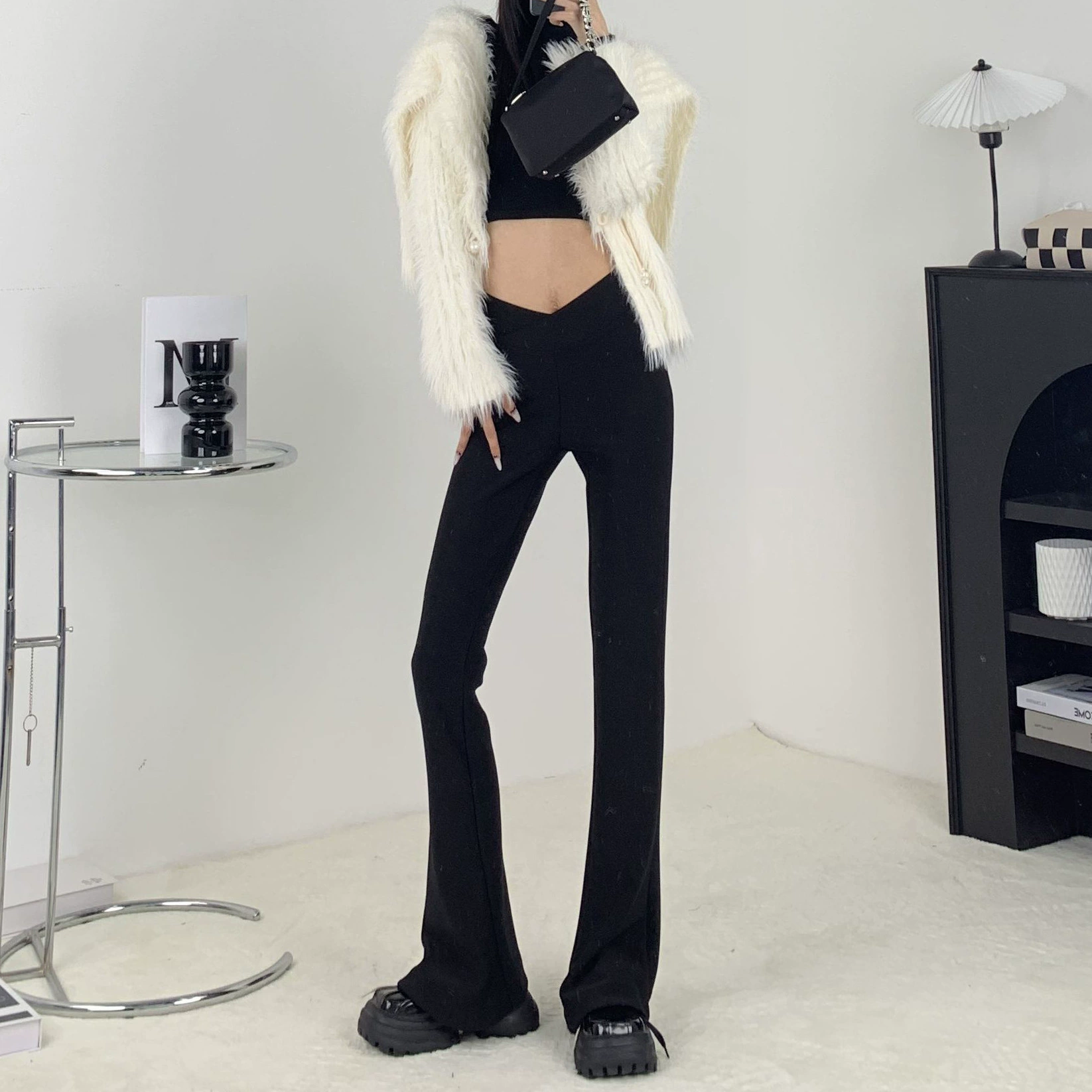 Осенние и зимние талии черные подковообразные брюки для детей тонкие и тонкие, длинные ноги с высокой талией