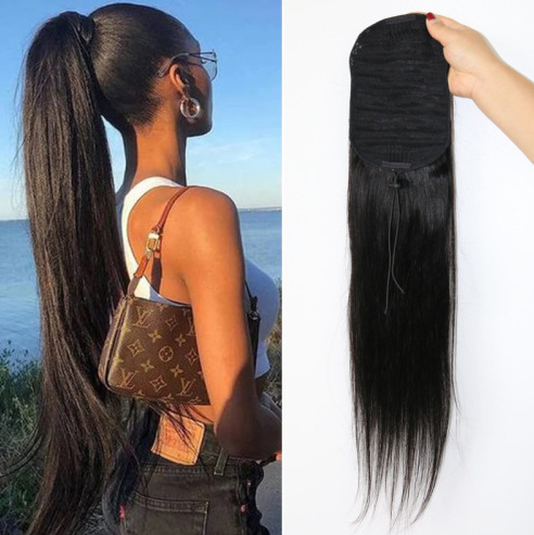 Cabello real de dama cabello recto cabello de cola de caballo cabello de cola de caballo atado de cuerda en stock