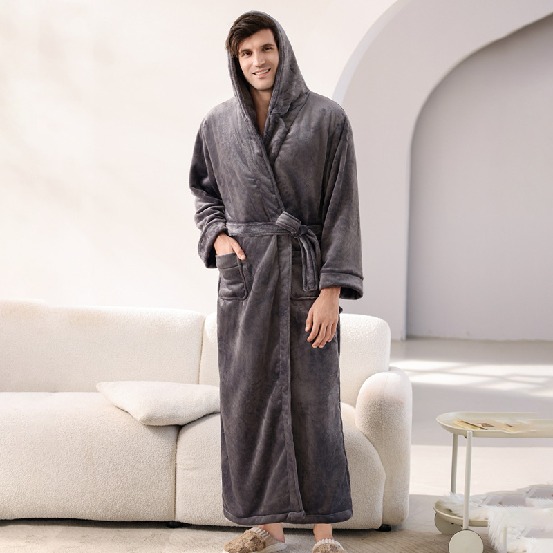 Amazon Men's Extra-Long Ankle-Length Flannel Bathrobe for Autumn and Winter, Thickened and Fleece-Lined, Hooded Coral Fleece Sleepwear