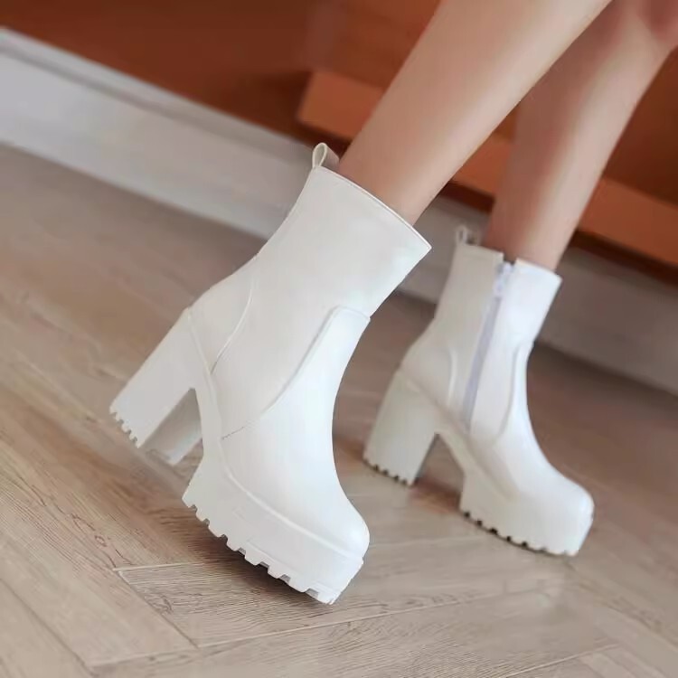 Small Size 33 Women's Boots White Patent Leather High Heels Thick Heel Ankle Boots Martins Round Toe fleece-lined Snowshoes Square Heel plus size