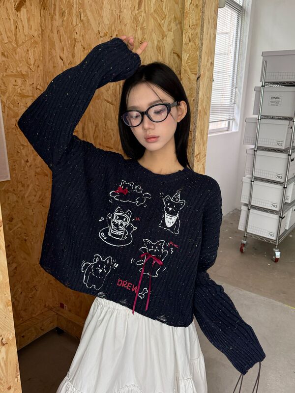 ME KAKAMEE十三行秋立体蝴蝶结趣味小狗破洞彩纱短款针织衫女6018|undefined