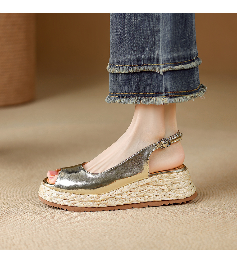 Sandal cao gót nữ mũi hở đế xuồng đan rơm — màu vàng, bạc chi tiết 6
