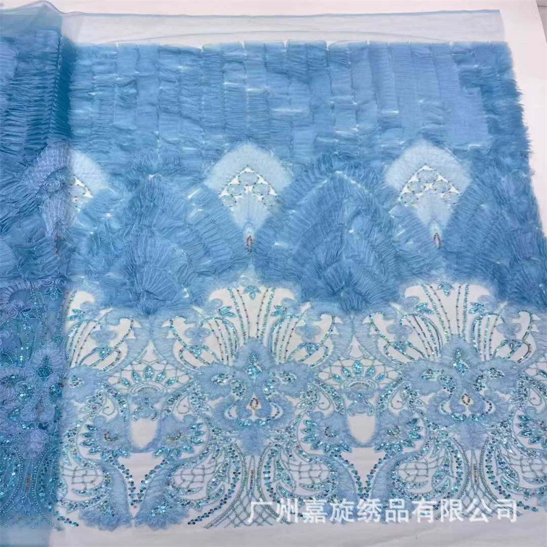 Bordado tridimensional a rayas cuentas de flores bordadas de tela de lentejuelas malla inferior apliques vestido de los niños vestido de tela