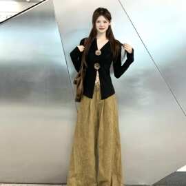C204#【非实拍】废土风卡其色阔腿牛仔裤女松弛感宽松显瘦坠感裤