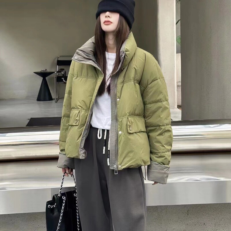 French Style High-grade Warm Short Down Jacket with Vertical Collar Women's Winter 2024 Simple Color-block White Duck Down Jacket for Small Women