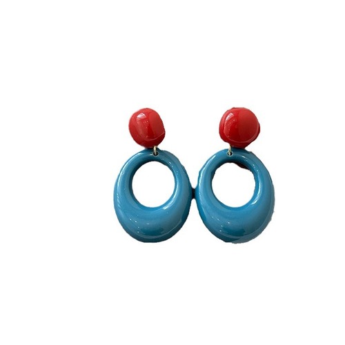 Retro Hong Kong-style round color-blocked earrings for women, vacation-inspired blue earrings with unique design sense, exaggerated earrings
