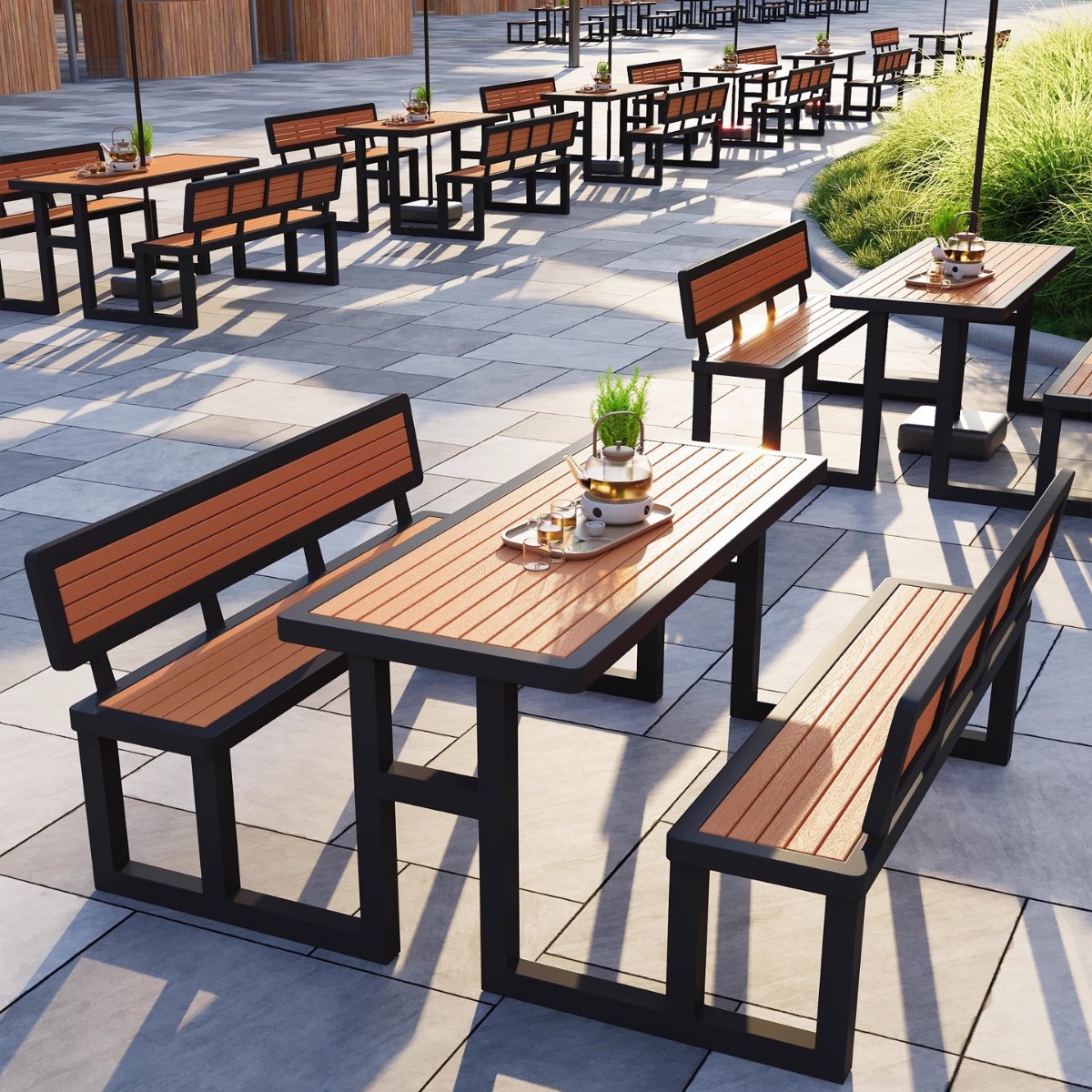 Outdoor One-Piece Table and Chair Commercial Street Courtyard Garden Anti-Corrosion Dining Table Combination Outdoor Leisure Plastic Wood Long Table with Backrest