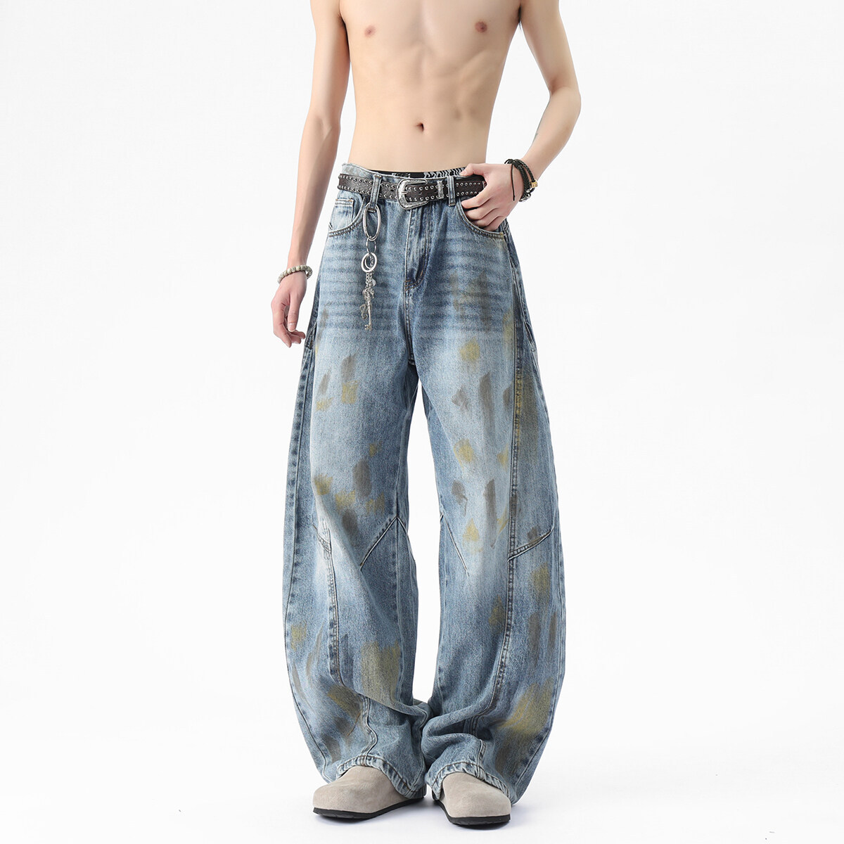 2025 Summer New Men's High Quality Waste Soil Stitching Washing Heavy Industry Scimitar Jeans Korean Fashionable Trousers