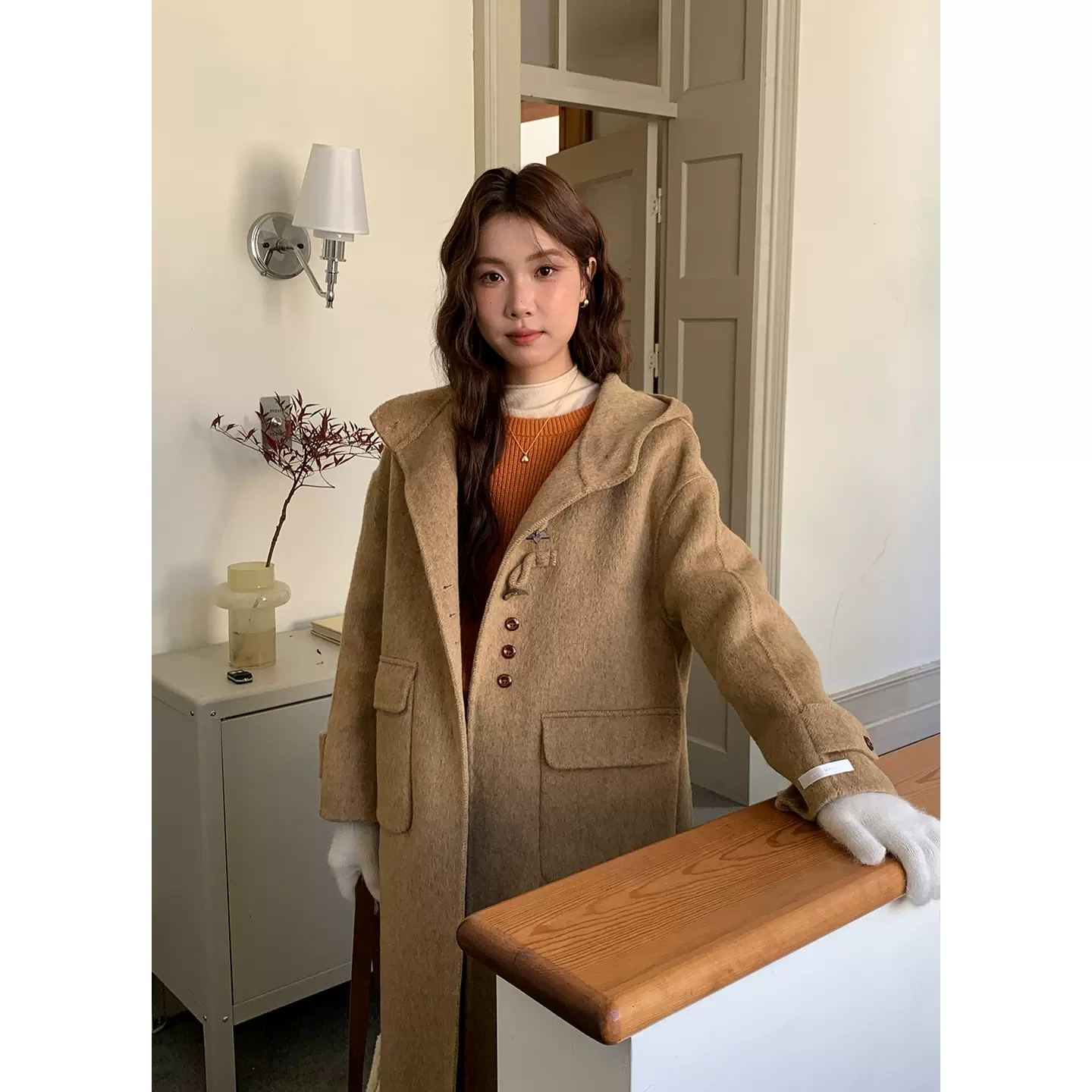 【不退不换】连帽羊毛双面呢外套女设计感超厚实加长款大衣0634