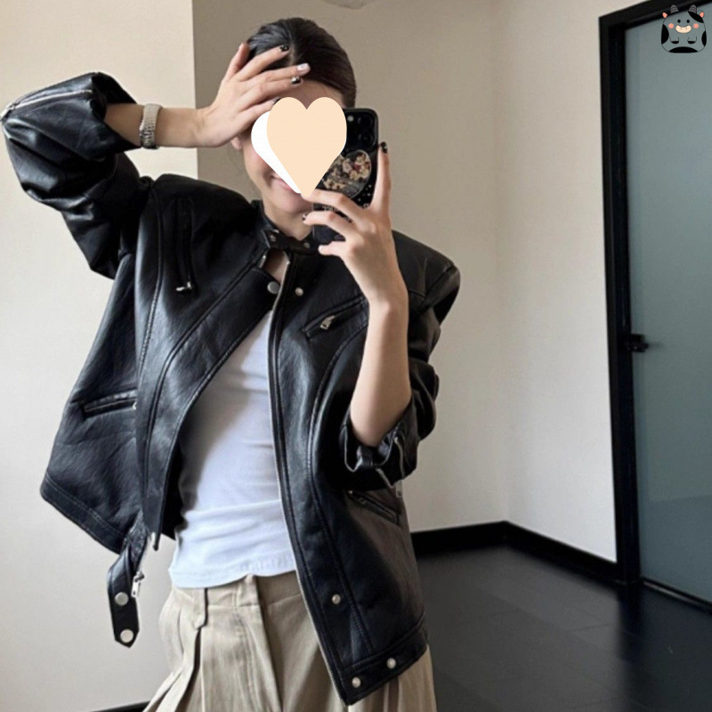 Cool Black Leather Jacket for Women, Autumn and Winter Vintage Loose Stand Collar with Multiple Zippers and Padded Shoulders Biker Jacket Top