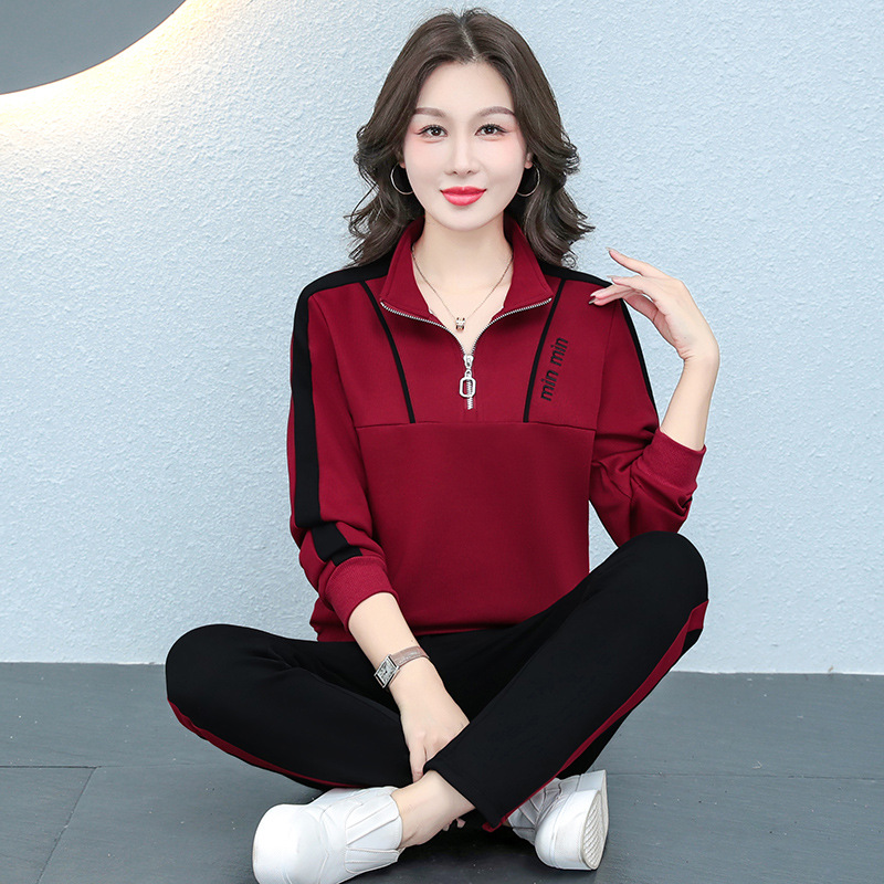 时尚立领纯棉运动套装女2025春秋季新款休闲服中年妈妈女士两件套