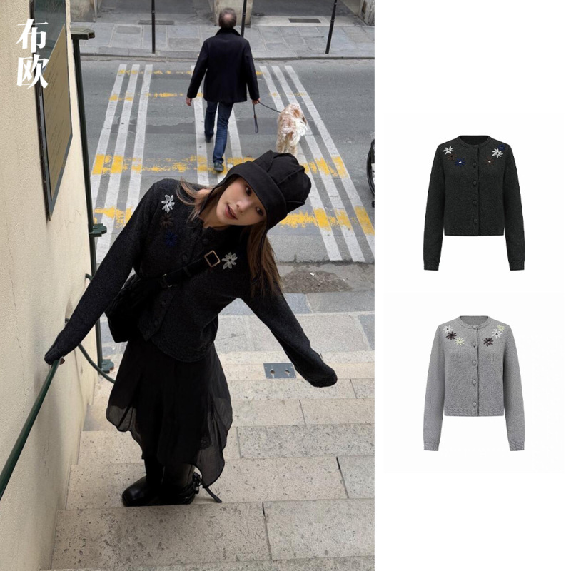 "Original 100% Sheep Wool" Nana's Same Style Hand-Sewn Cut Out Flower Round Neck Sweater Women's Cardigan Knitted Jacket
