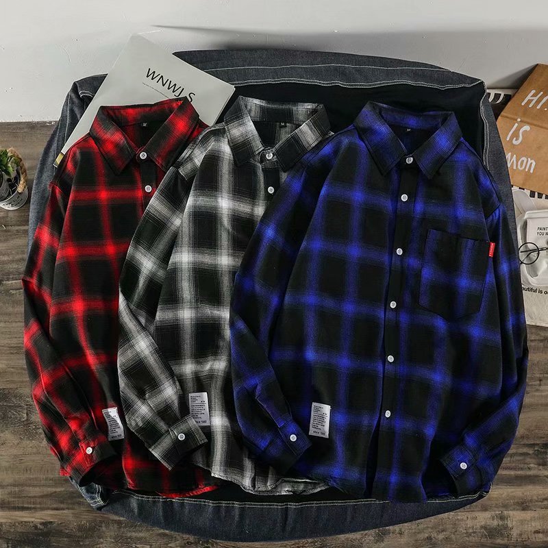 Autumn Hong Kong Style Ins Plaid Shirt Men's Long-Sleeved Korean Style Trendyy Handsome Top Casual Couple Shirt Jacket