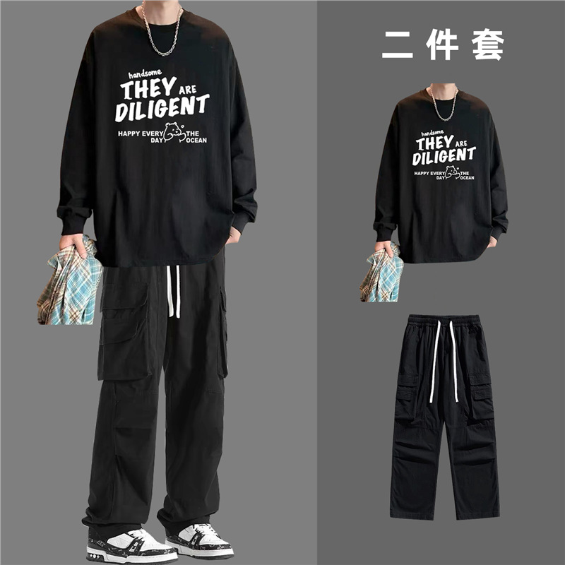 001 2025 New Men's Clothing For Teenagers Students Autumn Hong Kong Style Long Sleeve T-Shirt Set With Cargo Pants_voghion.com