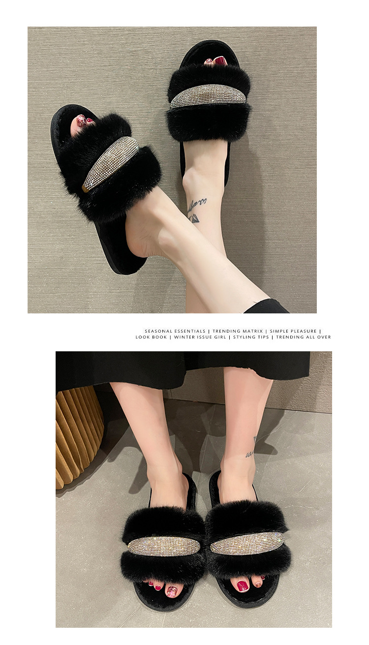 Pantofole piatte in cristallo di nuova pelliccia per il commercio estero con diamanti Moda donna alta e bassa in lana con apertura a una linea in cotone transfrontaliero_voghion.com