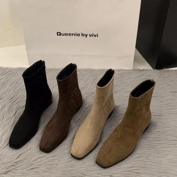 Thick-Heeled Ankle Boots, Versatile, Fashionable, French-Style, High-End, Retro Suede Short Boots, Feminine Slim Boots