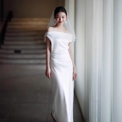 フレンチサテン婚約ロングスカート2025気質ノースリーブスリム花嫁ドレス優雅高級感受領証ワンピース