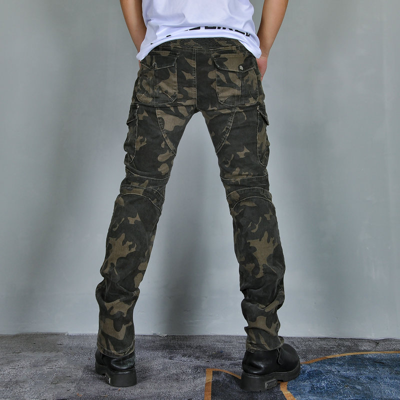 VOLERO camuflaje motocicleta jeans motocicleta pantalones de montar multi-bolsa ropa de trabajo carreras anti-caída pantalones alargados equipo de protección