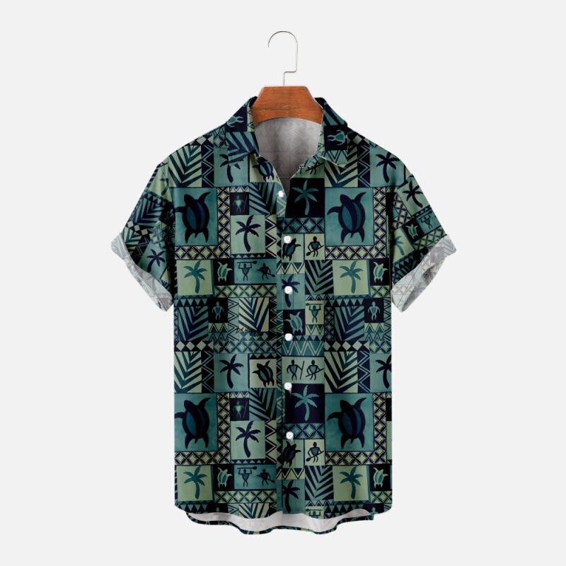 Cross-Border Amazon New Hawaiian Turtle Denim Pattern Trendy Spring and Summer Loose Short-Sleeved Shirt Men's Top