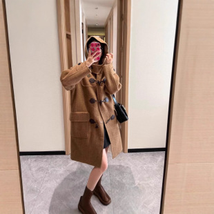 [Same Style as Zhao Lusi] Bear Wool Hooded Toggle Coat, Long Woolen Coat, Versatile and Sweet Style