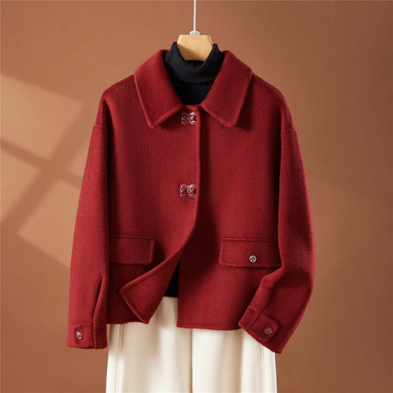 2026 Spring Collection Red Small Lapel Double-Sided Cashmere Coat for Women, Short Woolen Jacket for Petite Women, Wool Coat